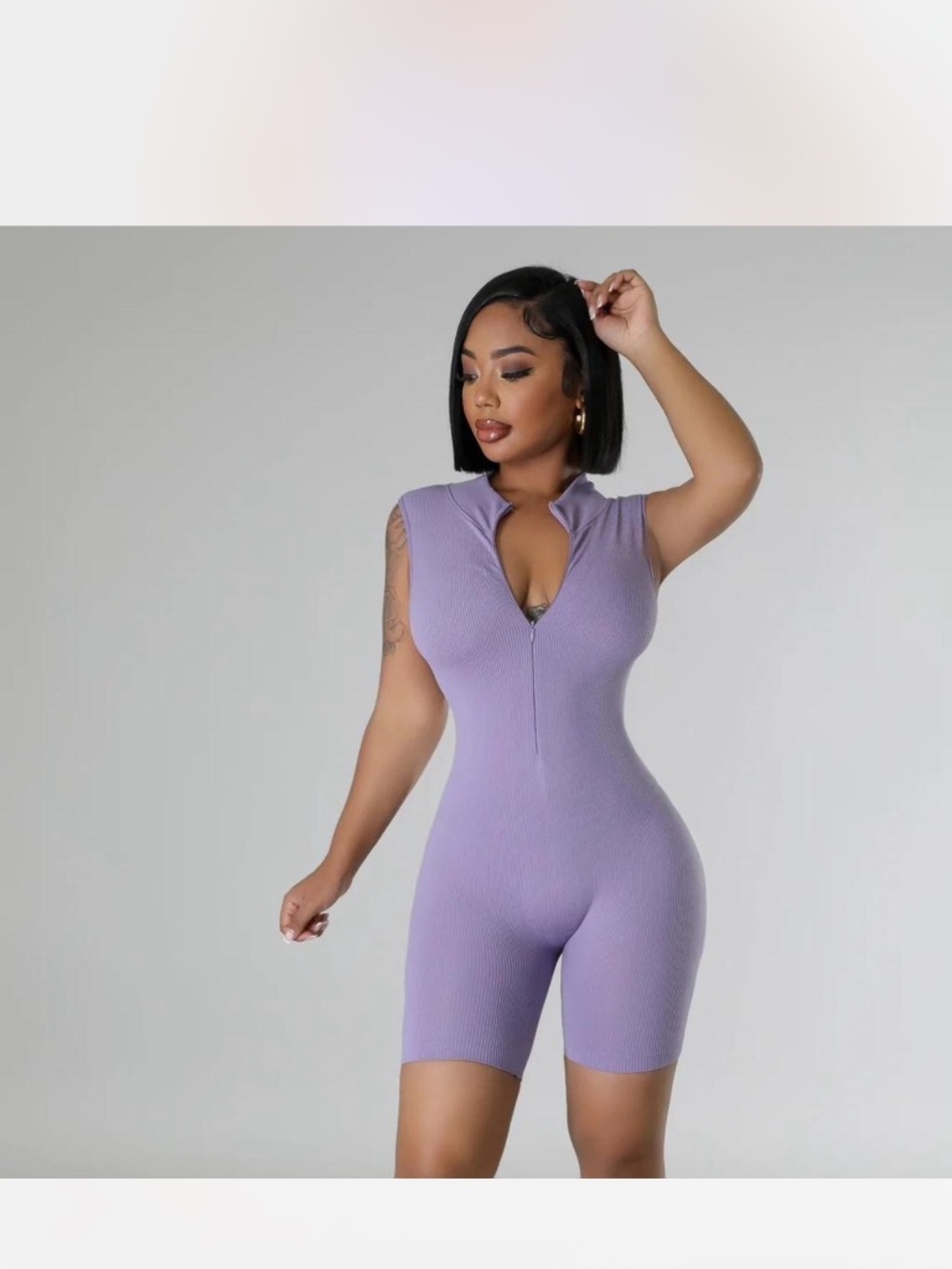 Lavender Ribbed Zip Front Biker Romper